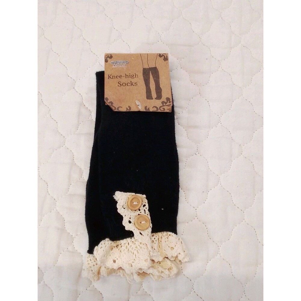 Women's Black With Lace/Buttons Knee High‎ Socks